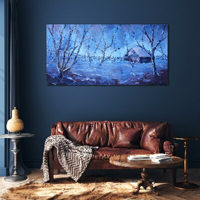 Winter landscape with a cottage Wall art on glass