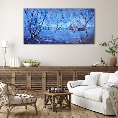 Winter landscape with a cottage Wall art on glass