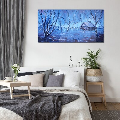 Winter landscape with a cottage Wall art on glass
