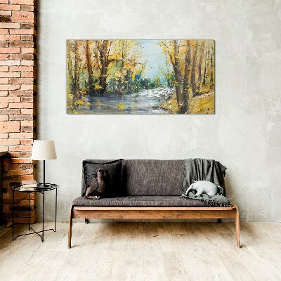 Autumn scenery by the river Wall art on glass