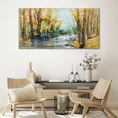Autumn scenery by the river Wall art on glass