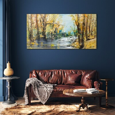 Autumn scenery by the river Wall art on glass