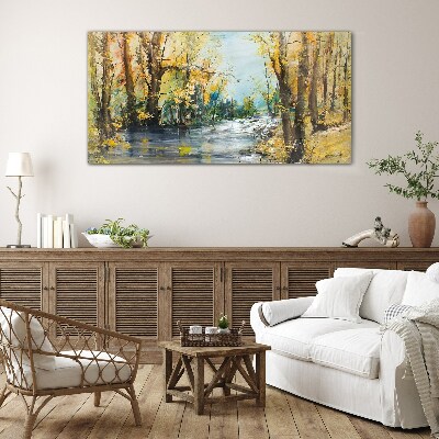 Autumn scenery by the river Wall art on glass
