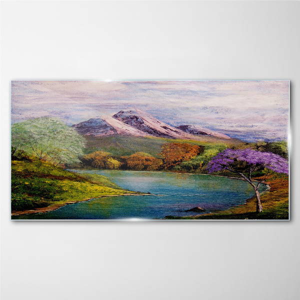 Mountain landscape with a lake Wall art on glass
