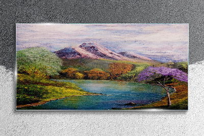 Mountain landscape with a lake Wall art on glass