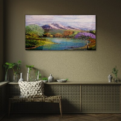 Mountain landscape with a lake Wall art on glass