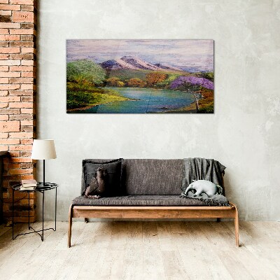 Mountain landscape with a lake Wall art on glass