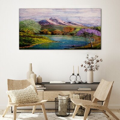 Mountain landscape with a lake Wall art on glass