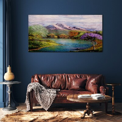 Mountain landscape with a lake Wall art on glass