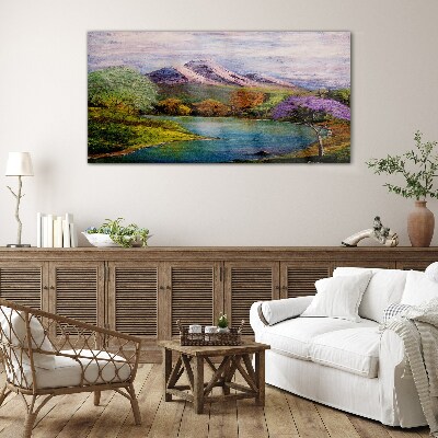 Mountain landscape with a lake Wall art on glass