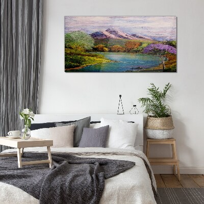 Mountain landscape with a lake Wall art on glass
