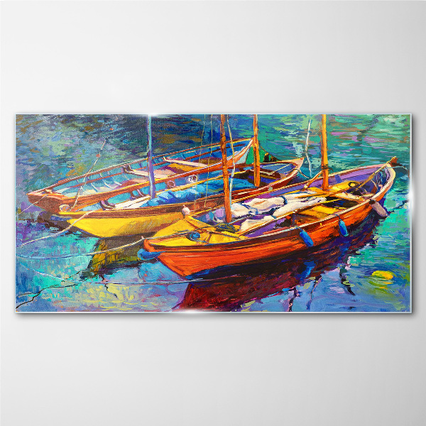 Colorful boats on calm water Glass art print