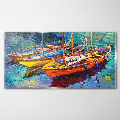 Colorful boats on calm water Glass art print