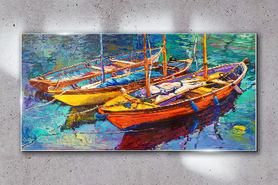 Colorful boats on calm water Glass art print