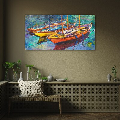 Colorful boats on calm water Glass art print