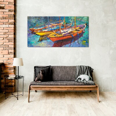 Colorful boats on calm water Glass art print