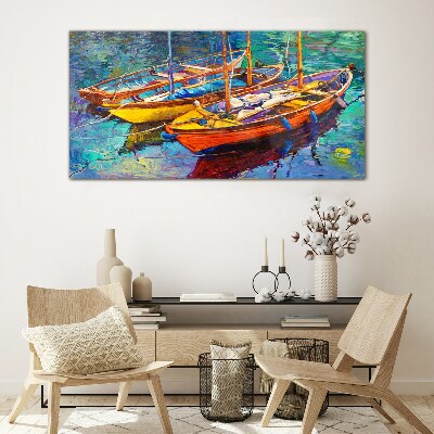 Colorful boats on calm water Glass art print