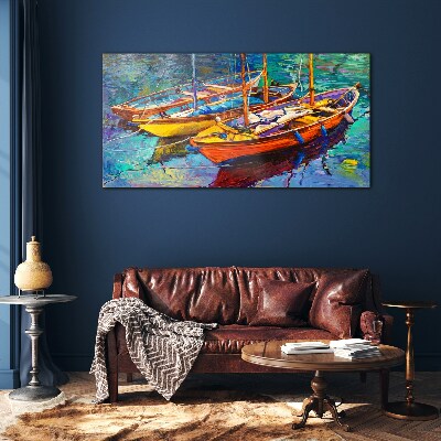 Colorful boats on calm water Glass art print