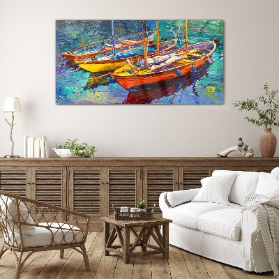 Colorful boats on calm water Glass art print