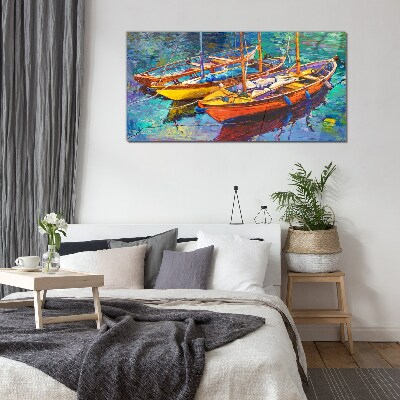 Colorful boats on calm water Glass art print
