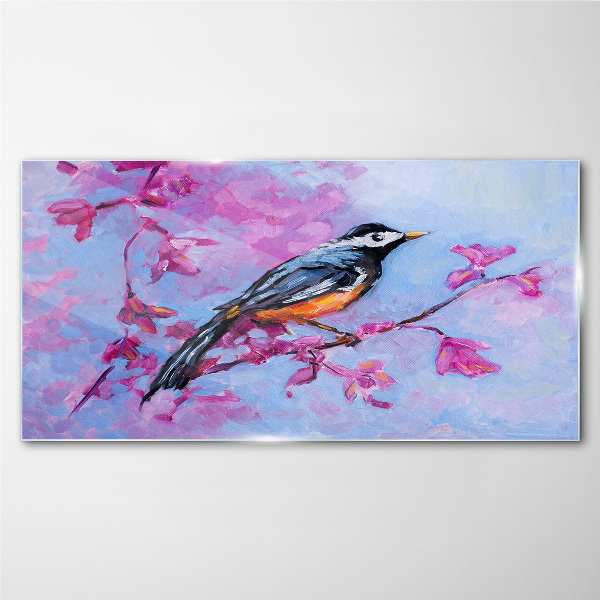 Spring bird on pink branches Wall art on glass