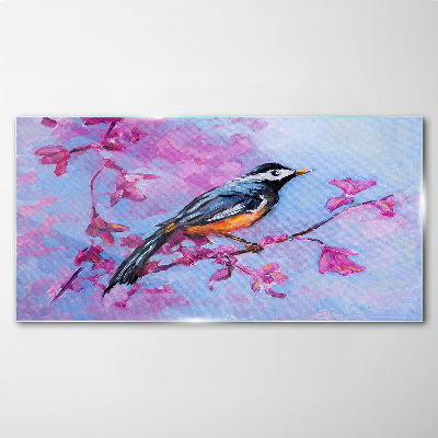 Spring bird on pink branches Wall art on glass
