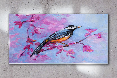 Spring bird on pink branches Wall art on glass