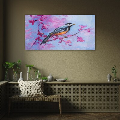 Spring bird on pink branches Wall art on glass