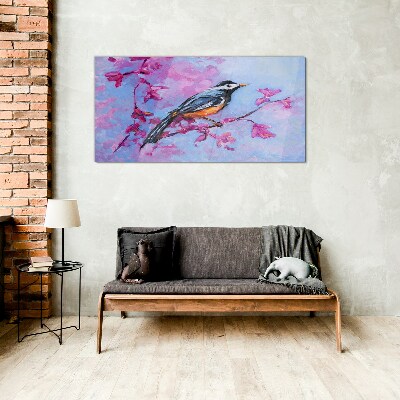Spring bird on pink branches Wall art on glass