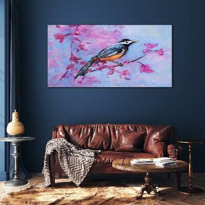 Spring bird on pink branches Wall art on glass