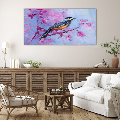 Spring bird on pink branches Wall art on glass