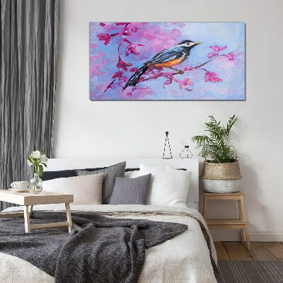 Spring bird on pink branches Wall art on glass