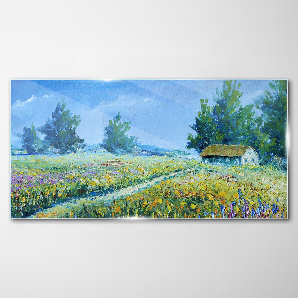 Summer landscape with a house in the field Wall art on glass