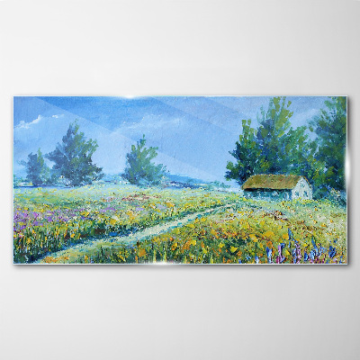 Cottage village landscape with flowers Glass Wall Art