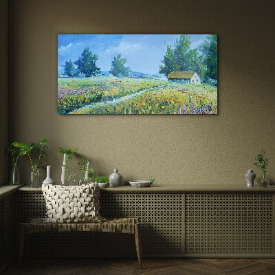 Summer landscape with a house in the field Wall art on glass