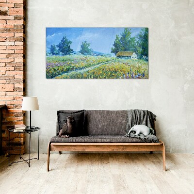 Summer landscape with a house in the field Wall art on glass