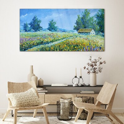 Cottage village landscape with flowers Glass Wall Art