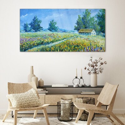 Summer landscape with a house in the field Wall art on glass