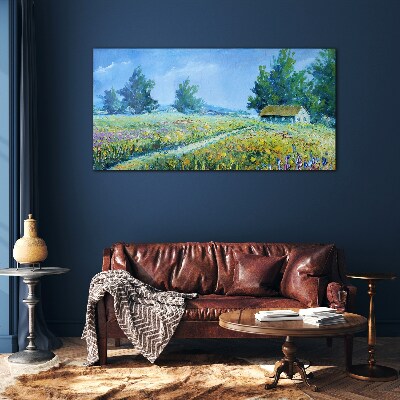 Summer landscape with a house in the field Wall art on glass