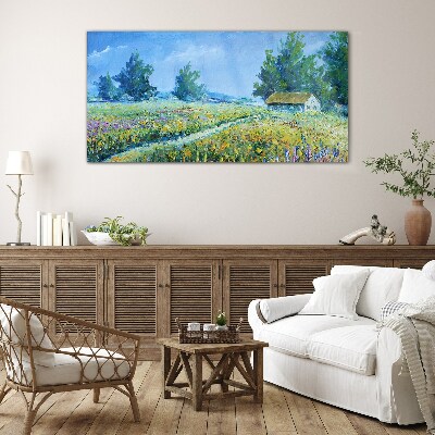 Summer landscape with a house in the field Wall art on glass