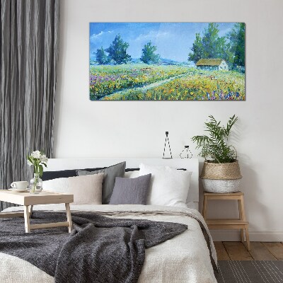 Summer landscape with a house in the field Wall art on glass