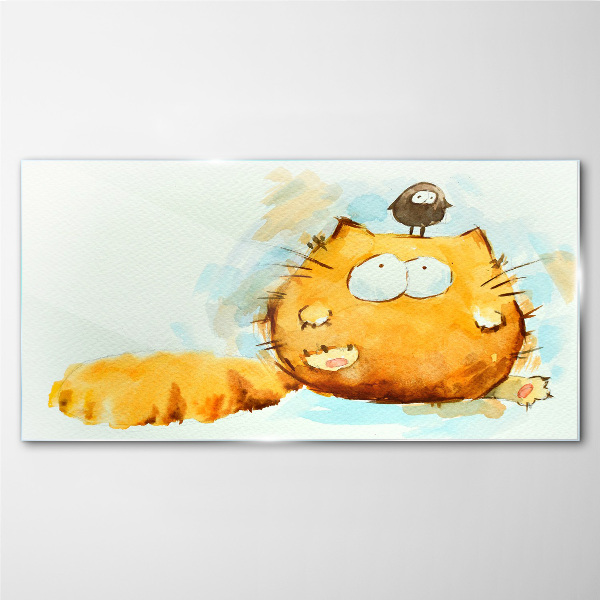 Cat with a bird Glass art print