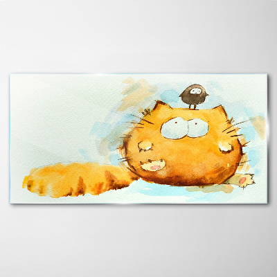 Cat with a bird Glass art print