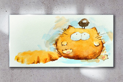 Cat with a bird Glass art print
