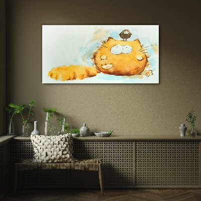 Cat with a bird Glass art print
