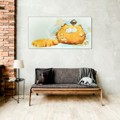 Cat with a bird Glass art print