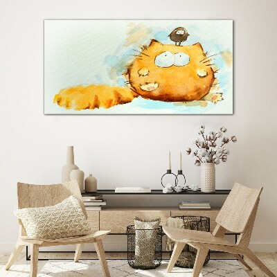 Cat with a bird Glass art print