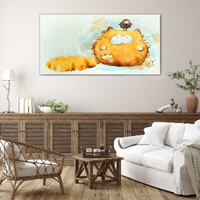 Cat with a bird Glass art print