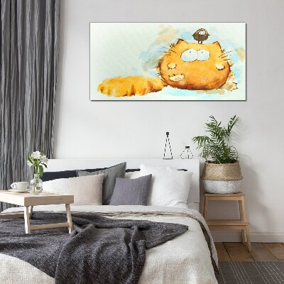 Cat with a bird Glass art print