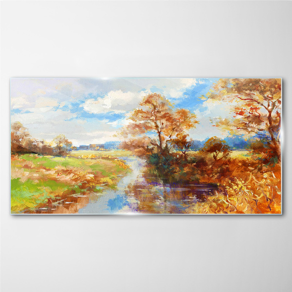 Autumn scenery by the river Wall art on glass